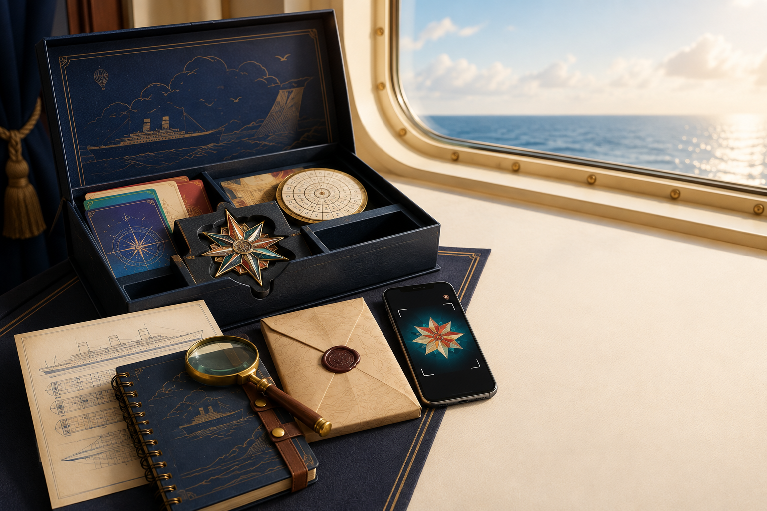 Family cruise adventure kit with a star artifact, cipher, map, and mobile scan