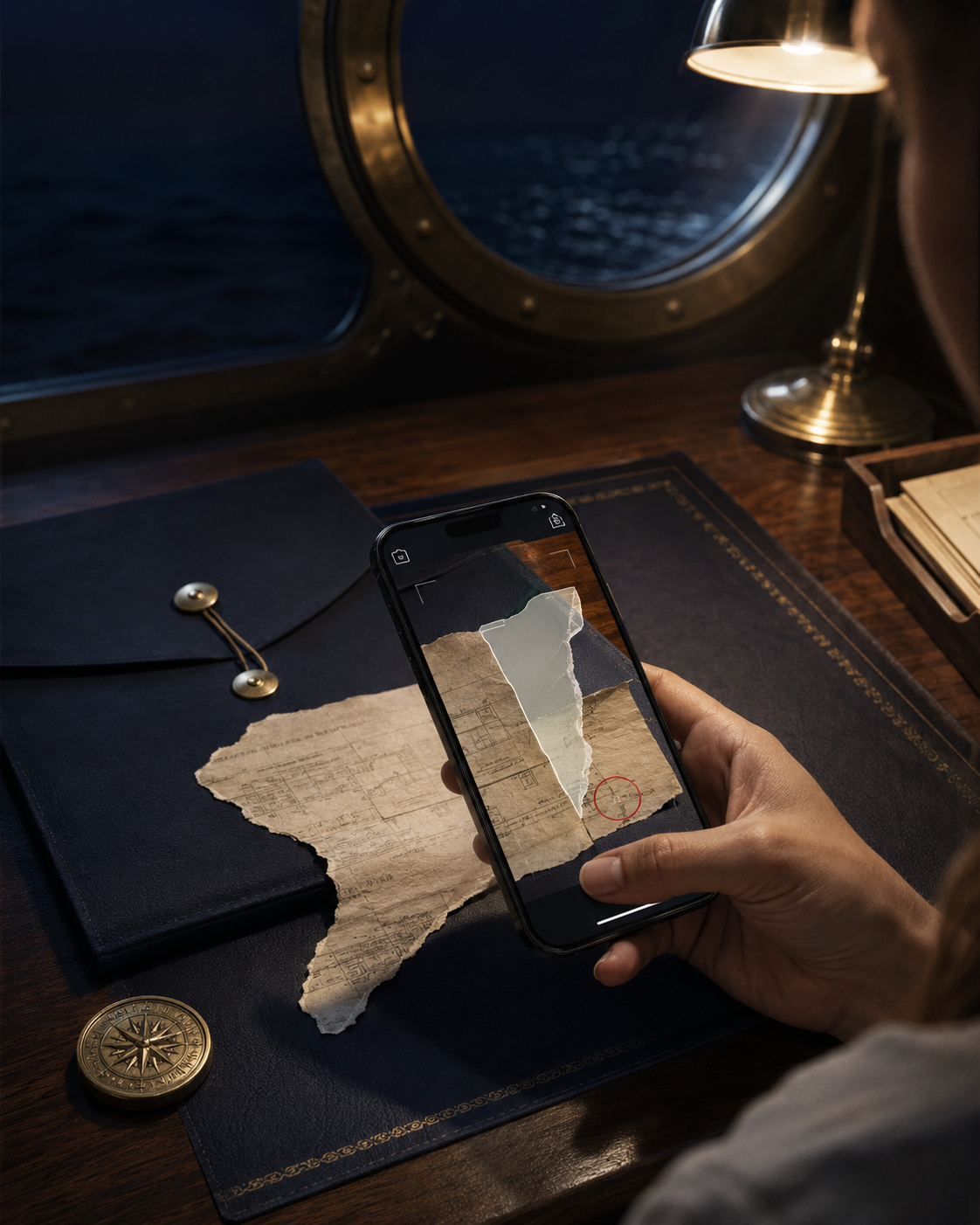 Player scanning a torn paper clue with an augmented-reality overlay